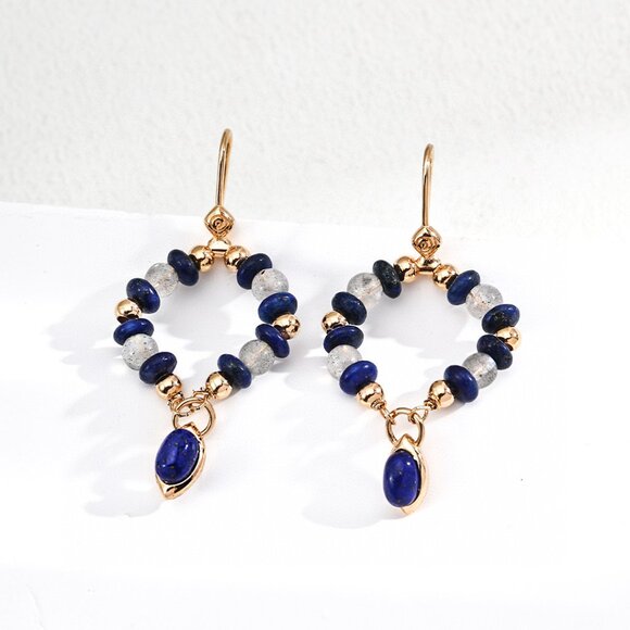 ✨ Artisan Original Lapis Lazuli & Moonstone Dangle Earrings | S925 Gold - Picture 6 of 6